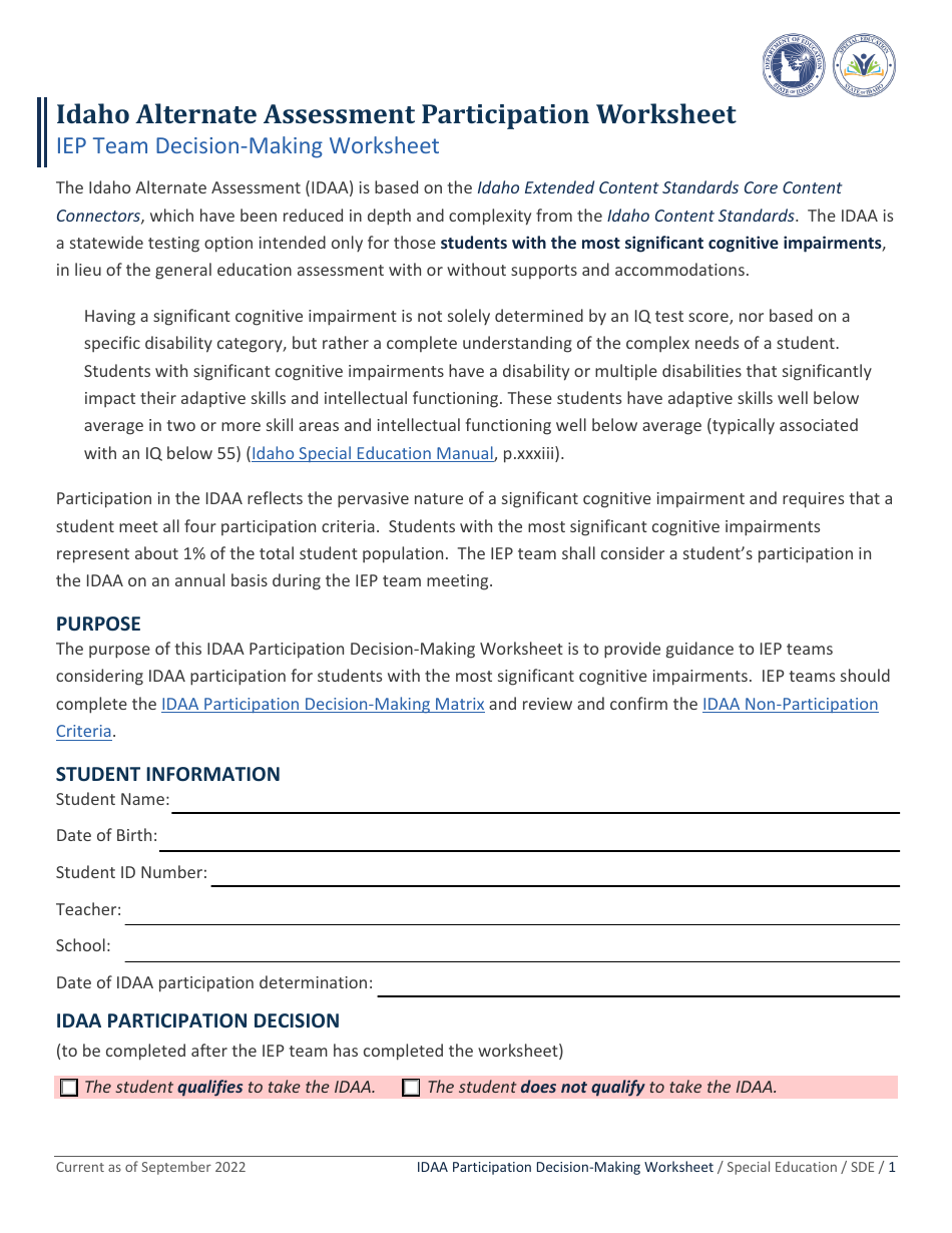 Idaho Alternate Assessment Participation Worksheet - Idaho, Page 1
