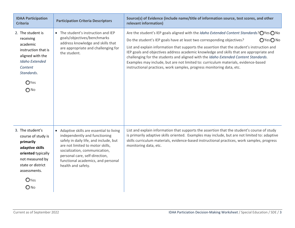 Idaho Alternate Assessment Participation Worksheet - Idaho, Page 3