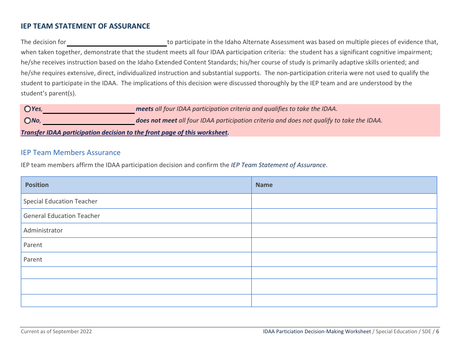 Idaho Alternate Assessment Participation Worksheet - Idaho, Page 6