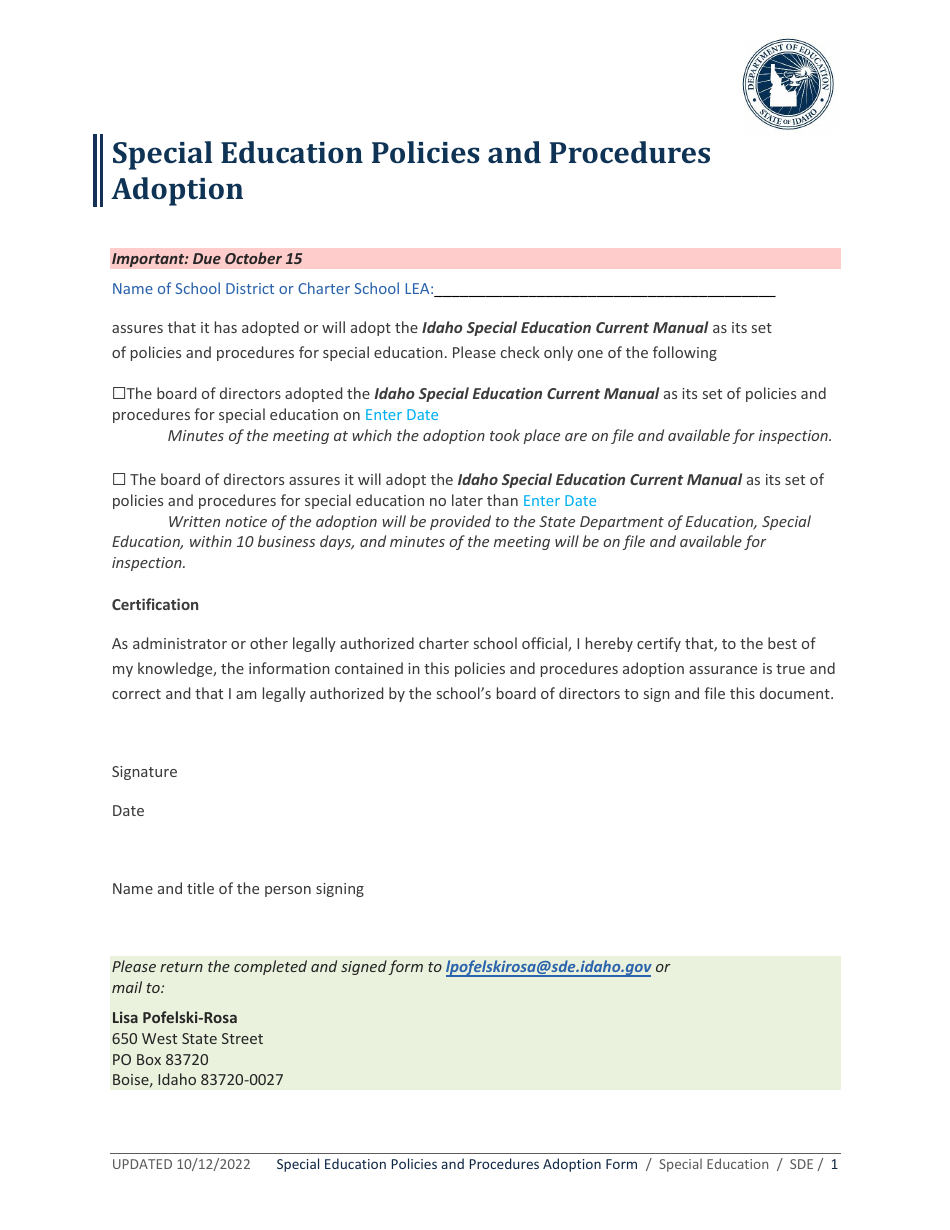 Special Education Policies and Procedures Adoption - Idaho, Page 1