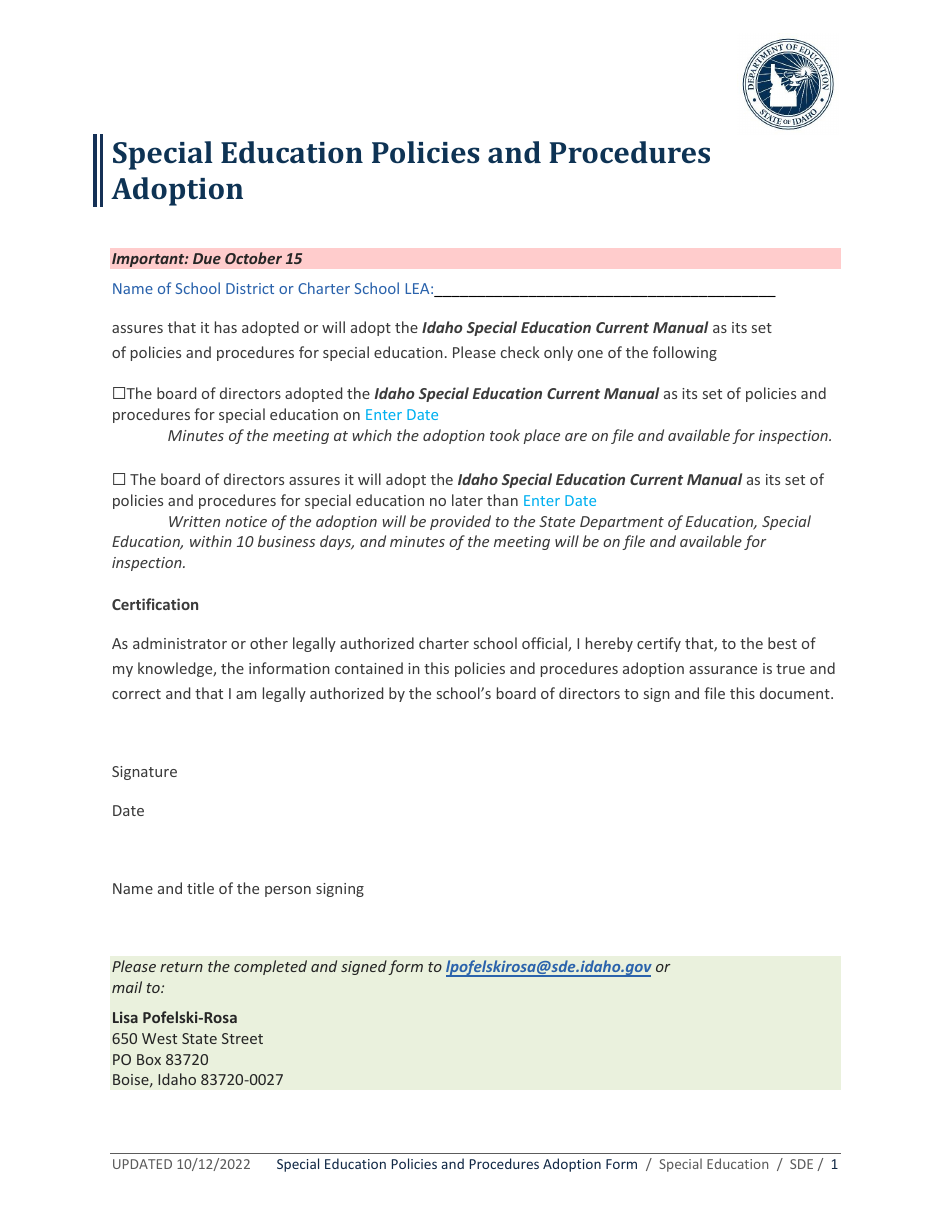 Idaho Special Education Policies And Procedures Adoption Download