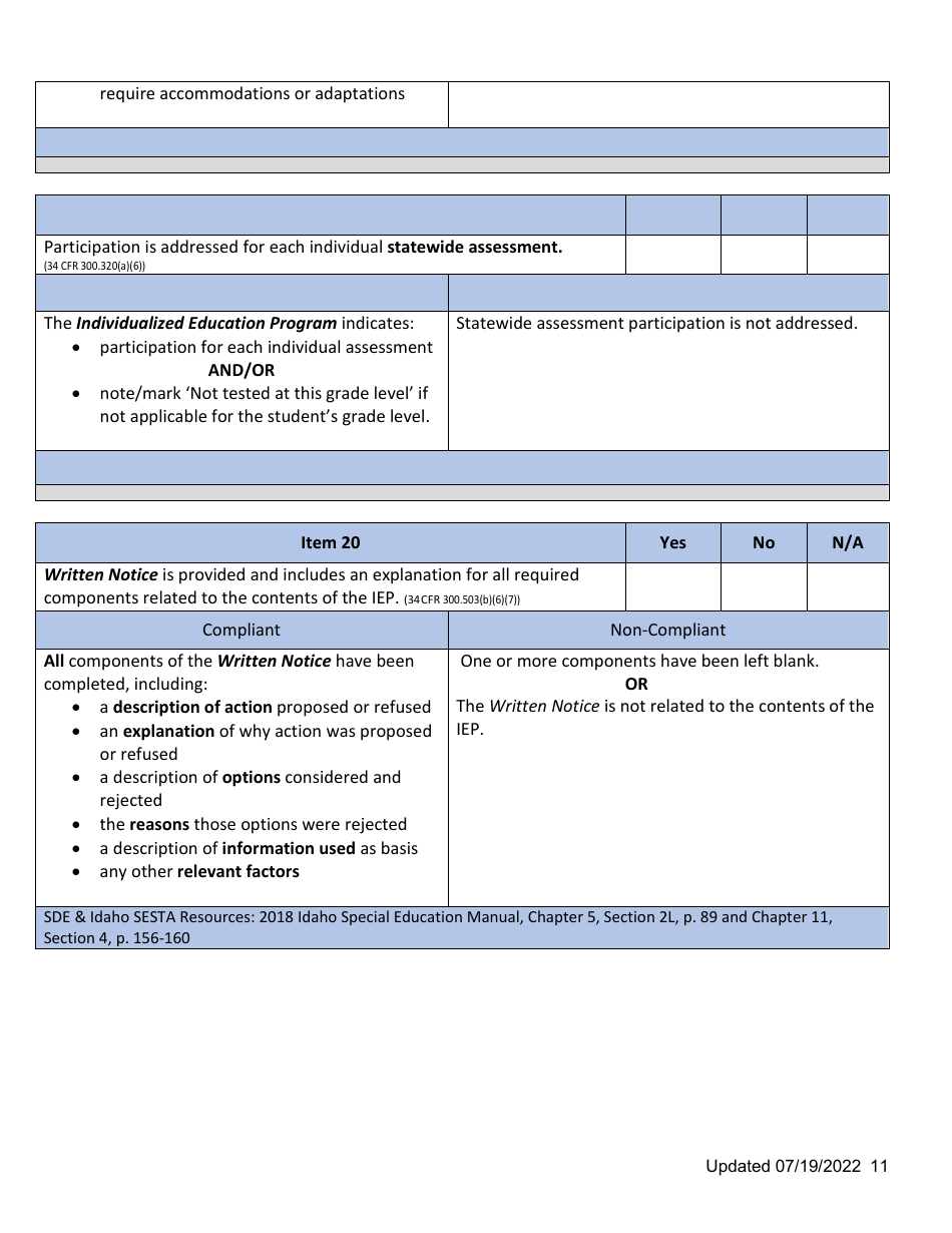 General Supervision File Review Checklist - Idaho, Page 11