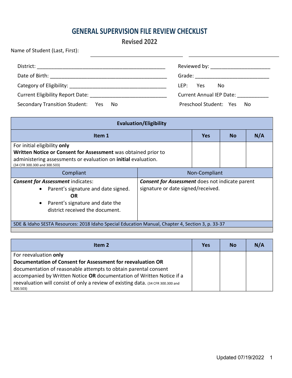 General Supervision File Review Checklist - Idaho, Page 1