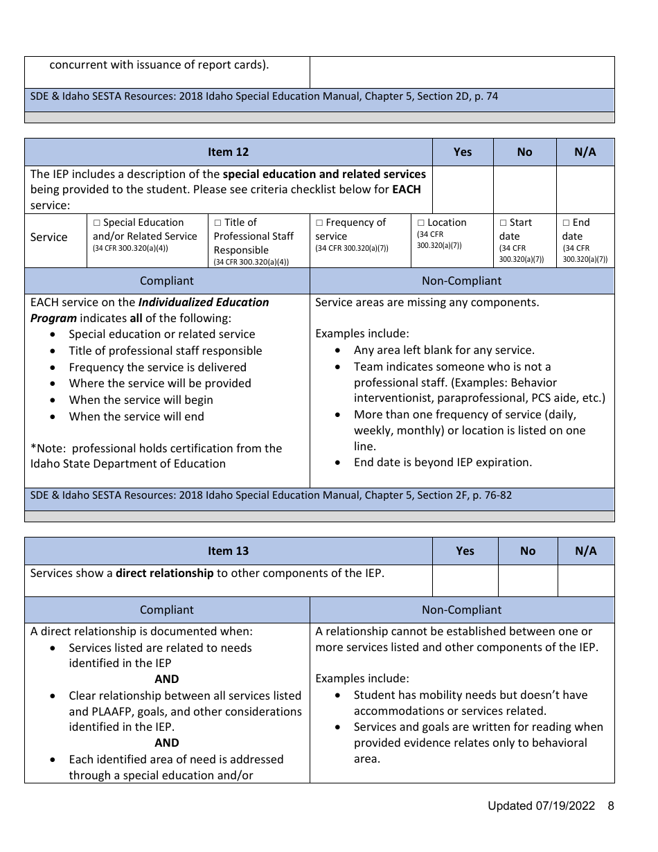 General Supervision File Review Checklist - Idaho, Page 8