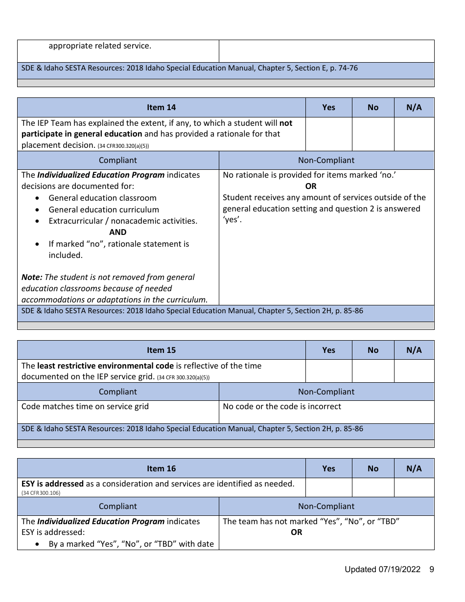 General Supervision File Review Checklist - Idaho, Page 9