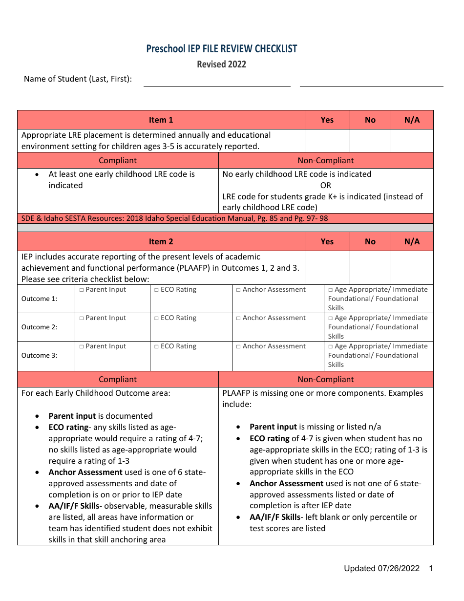 Preschool Iep File Review Checklist - Idaho, Page 1