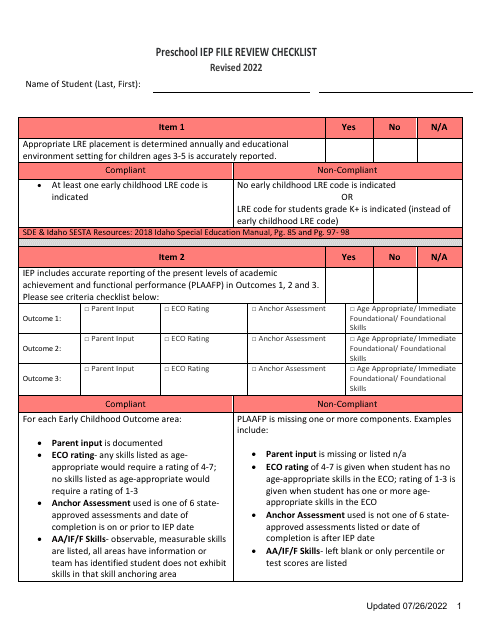 Preschool Iep File Review Checklist - Idaho Download Pdf