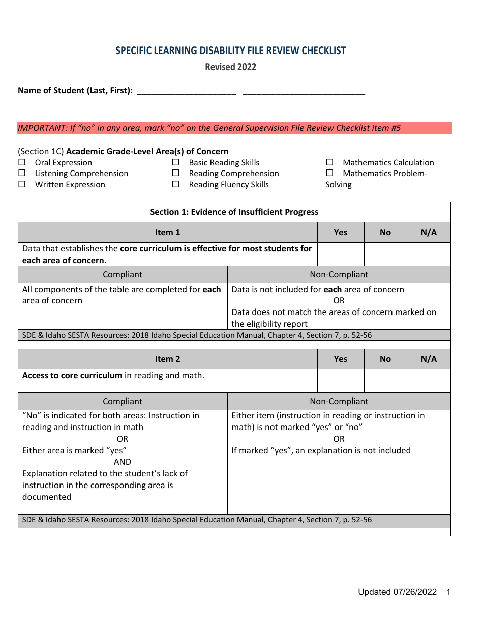 Specific Learning Disability File Review Checklist - Idaho, Page 1