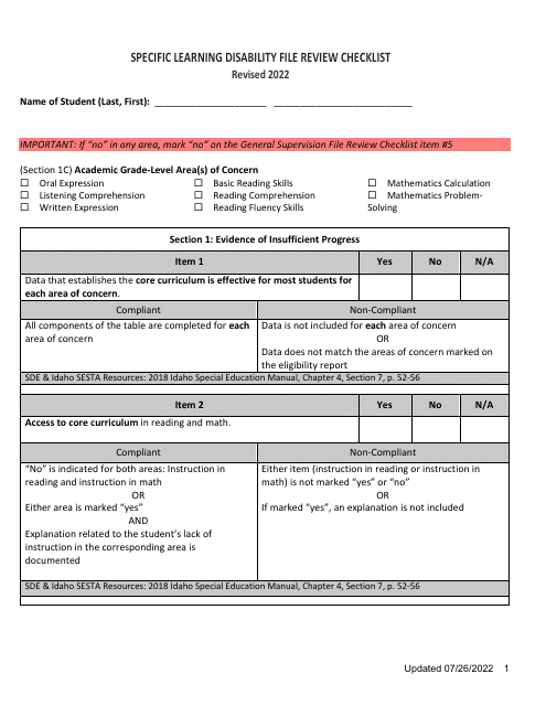 Specific Learning Disability File Review Checklist - Idaho Download Pdf