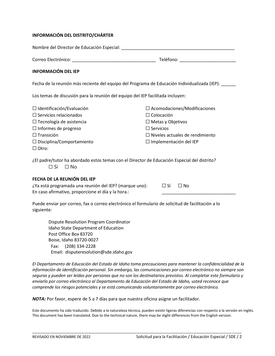 Solicitud Para La Facilitacion De Una Reunion Del Equipo Del Iep - Educacion Especial - Idaho (Spanish), Page 2