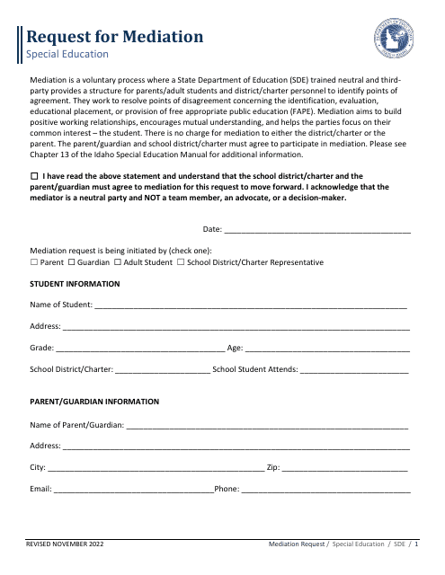 Mediation Request Form - Special Education - Idaho Download Pdf