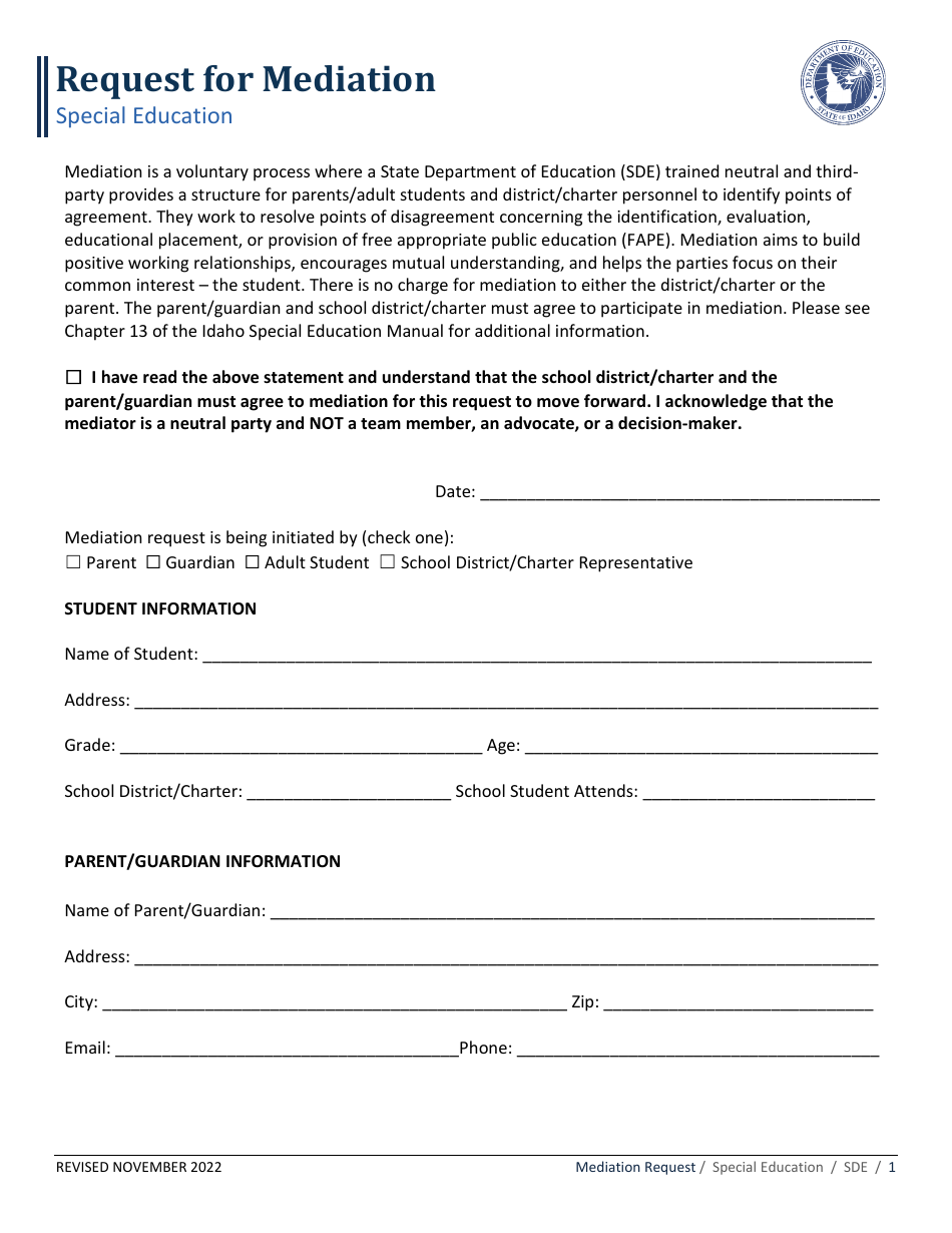 Mediation Request Form - Special Education - Idaho, Page 1