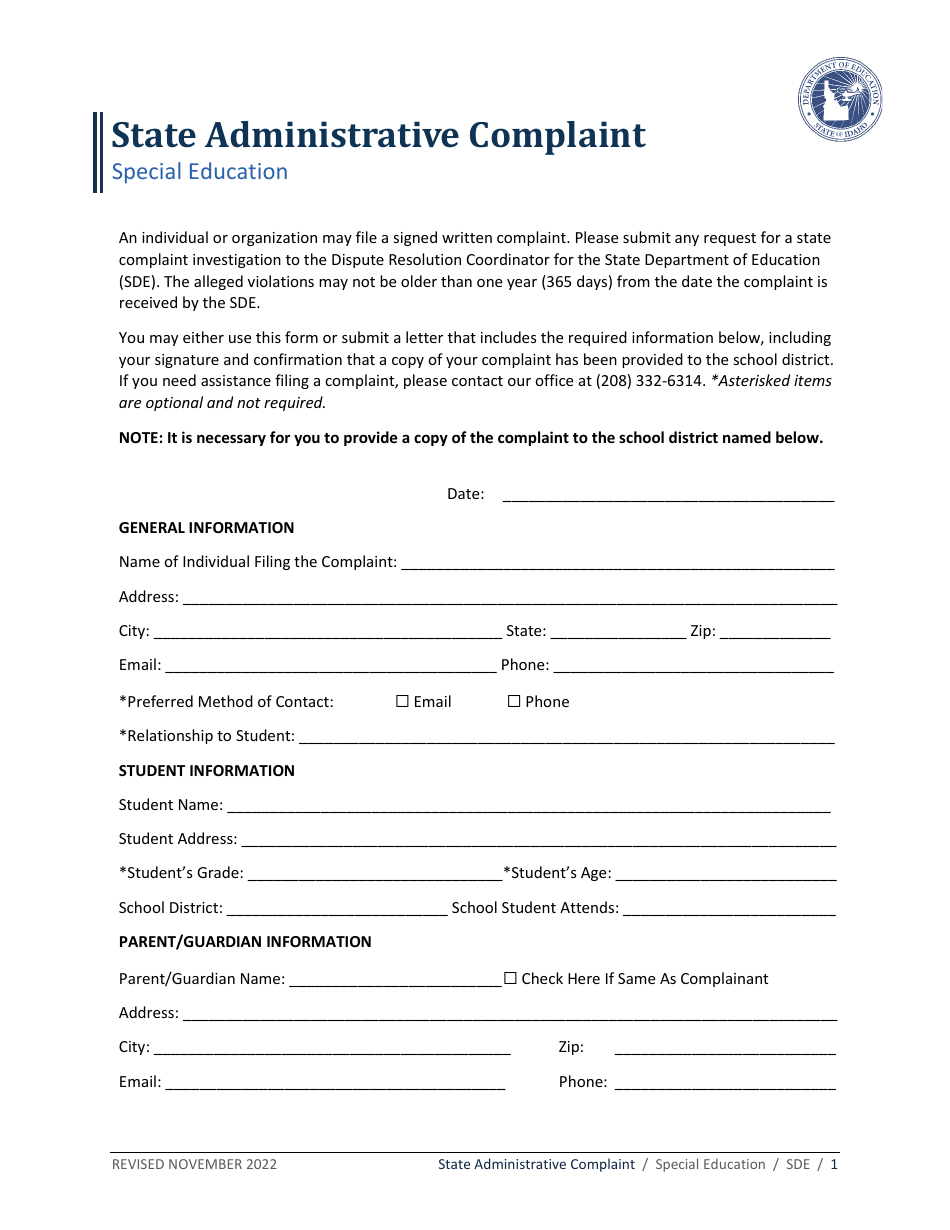 State Administrative Complaint Form - Special Education - Idaho, Page 1