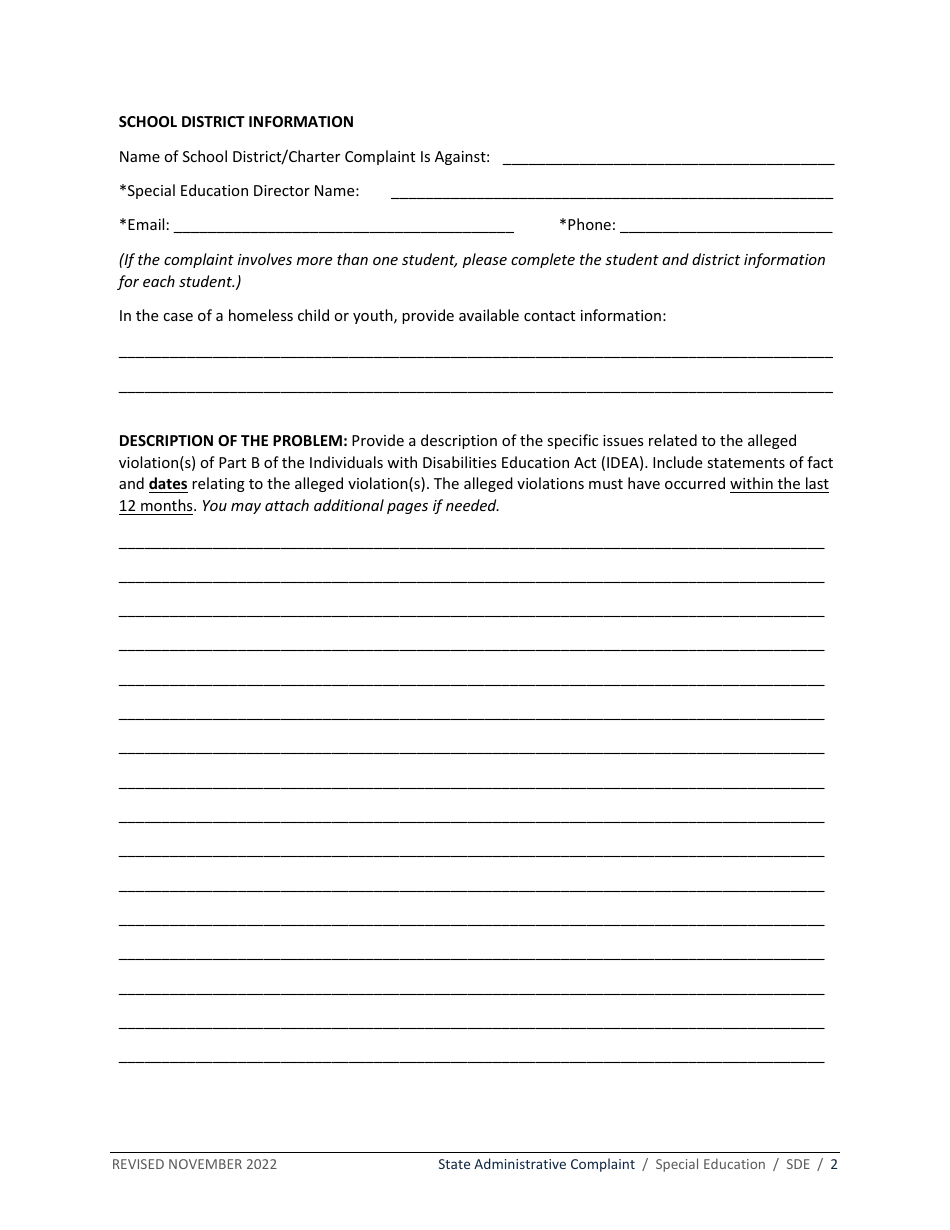 State Administrative Complaint Form - Special Education - Idaho, Page 2