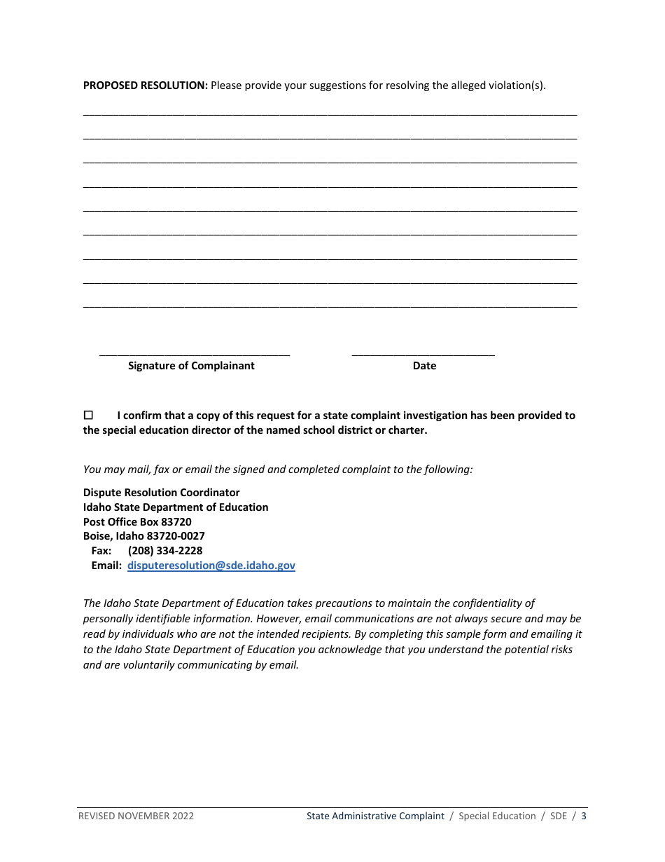 Idaho State Administrative Complaint Form - Special Education - Fill ...