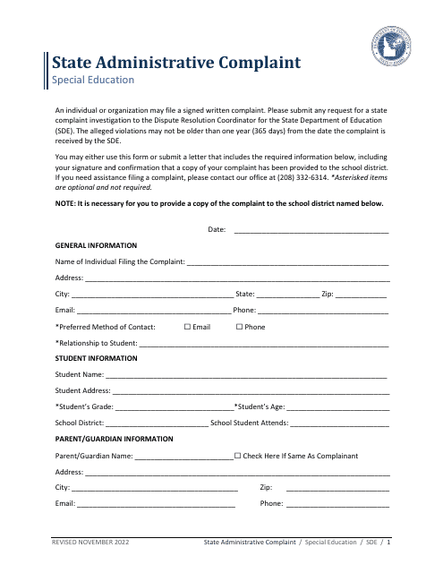 State Administrative Complaint Form - Special Education - Idaho Download Pdf