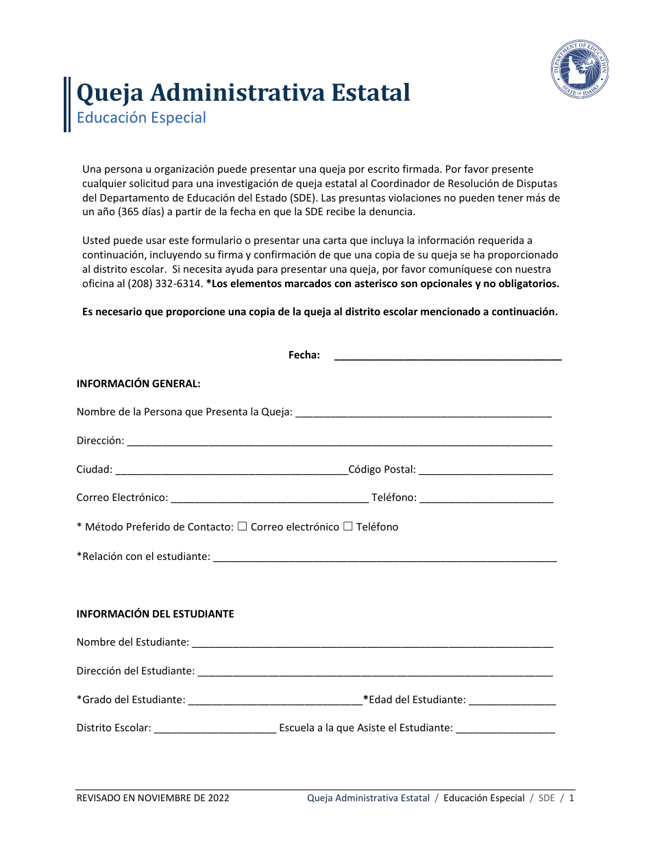 Queja Administrativa Estatal - Educacion Especial - Idaho (Spanish), Page 1