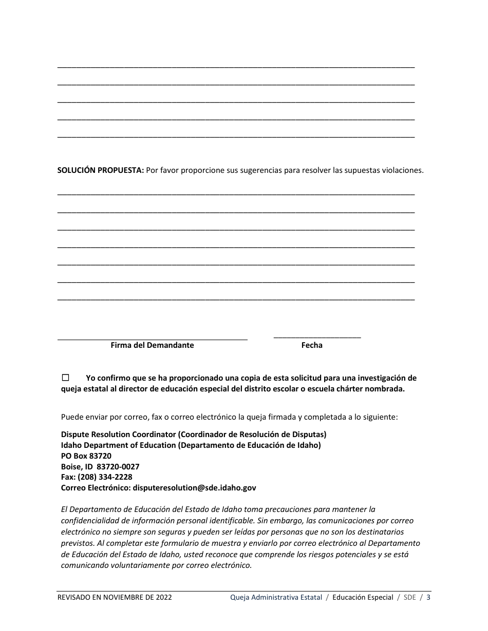 Queja Administrativa Estatal - Educacion Especial - Idaho (Spanish), Page 3