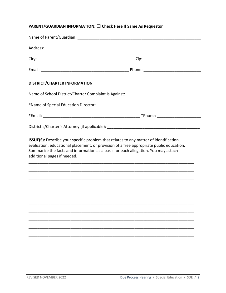 Due Process Hearing Request Form - Special Education - Idaho, Page 2
