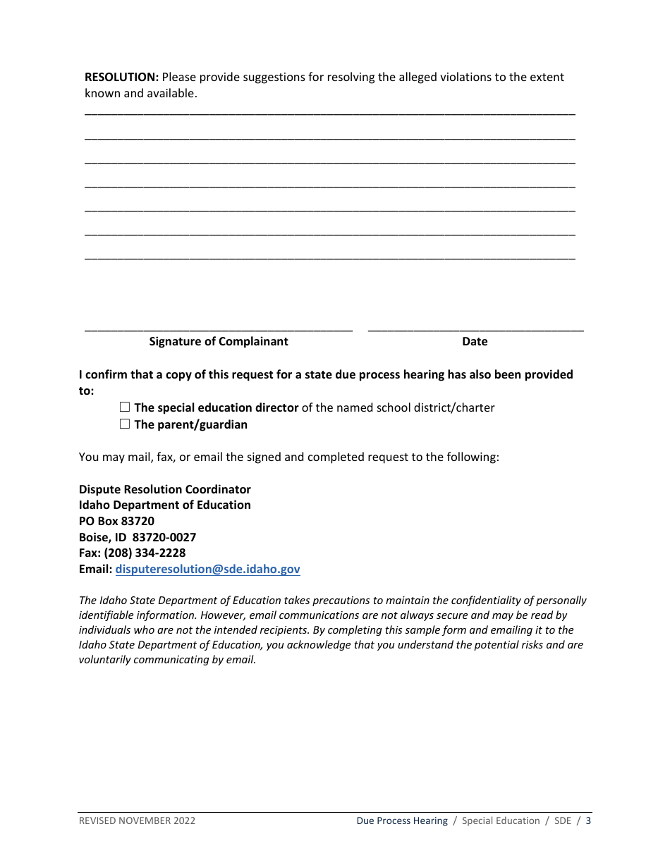 Due Process Hearing Request Form - Special Education - Idaho, Page 3