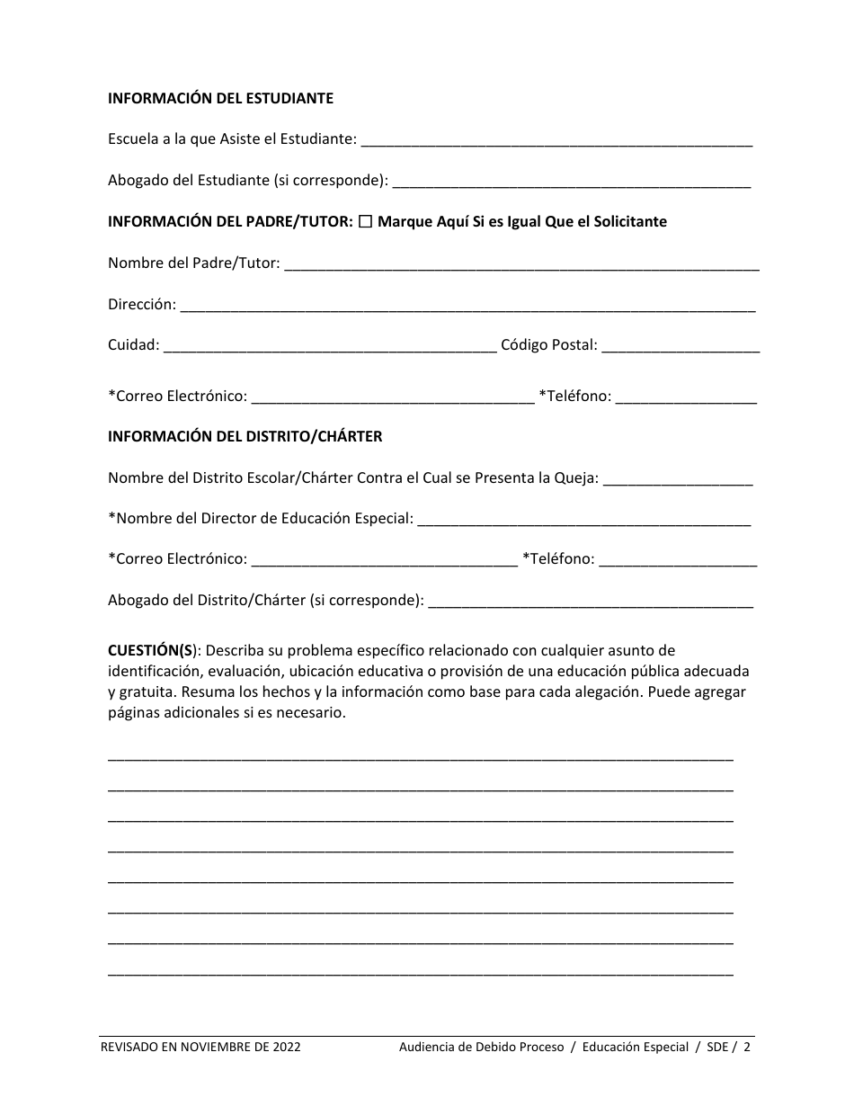 Formulario De Solicitud De Audiencia De Debido Proceso - Educacion Especial - Idaho (Spanish), Page 2