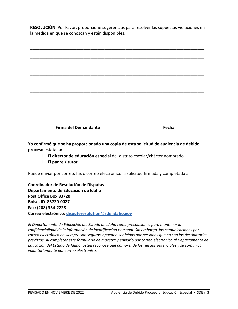 Formulario De Solicitud De Audiencia De Debido Proceso - Educacion Especial - Idaho (Spanish), Page 3