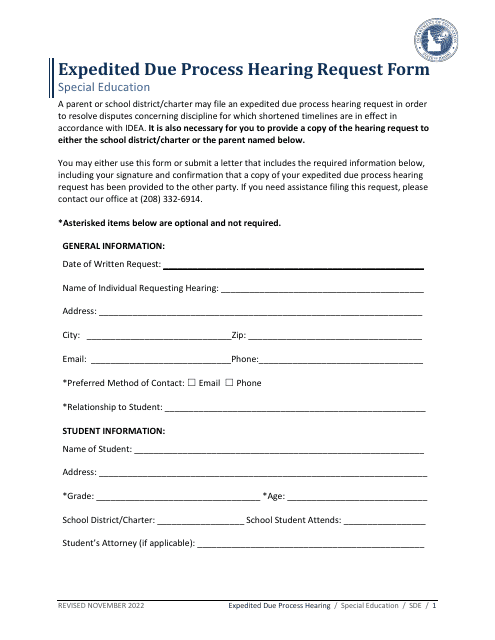 Expedited Due Process Hearing Request Form - Special Education - Idaho Download Pdf