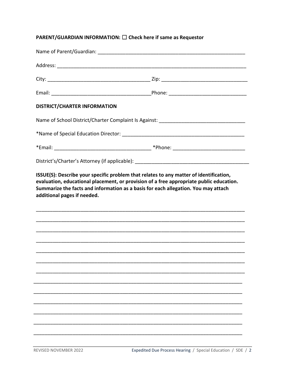 Expedited Due Process Hearing Request Form - Special Education - Idaho, Page 2