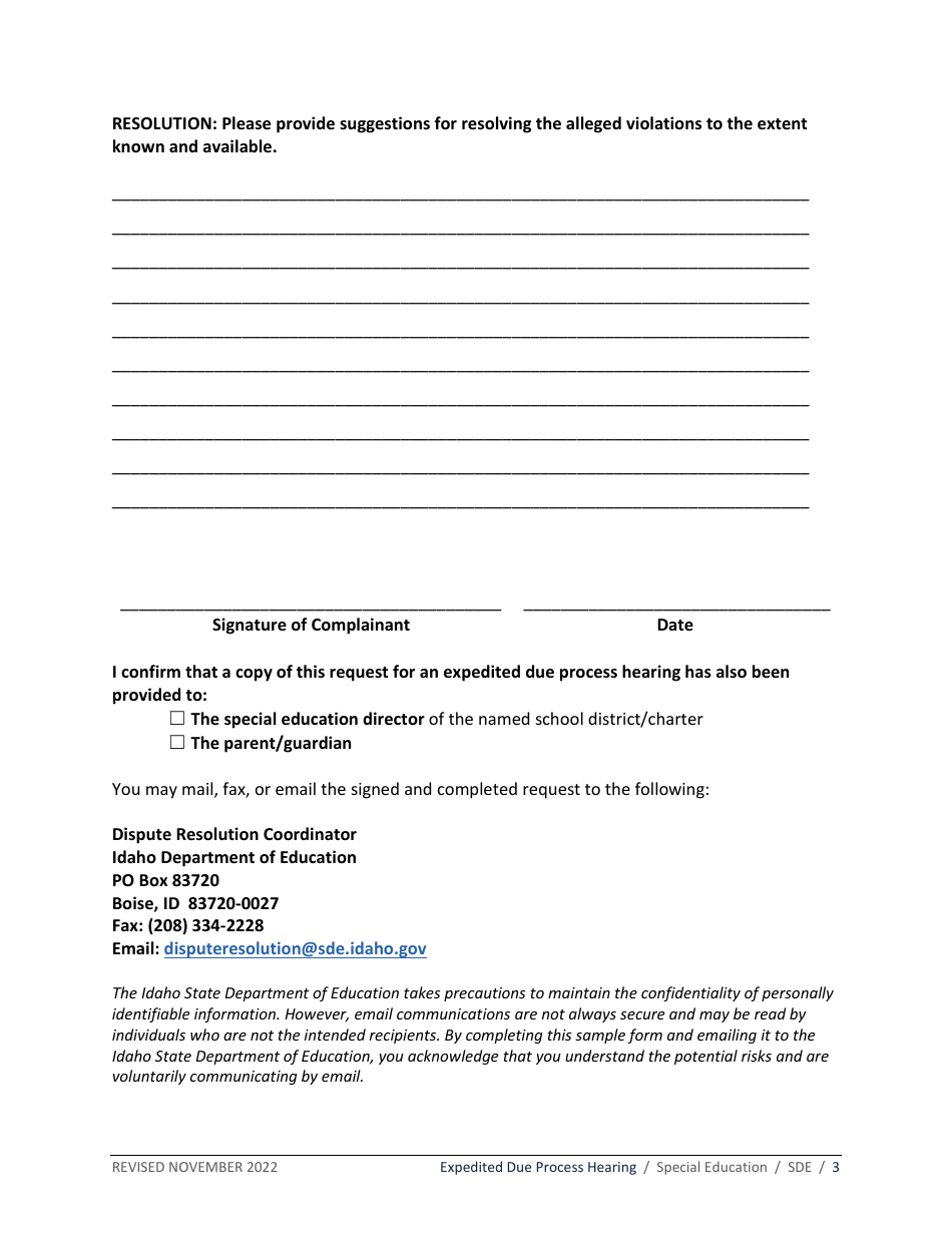 Expedited Due Process Hearing Request Form - Special Education - Idaho, Page 3