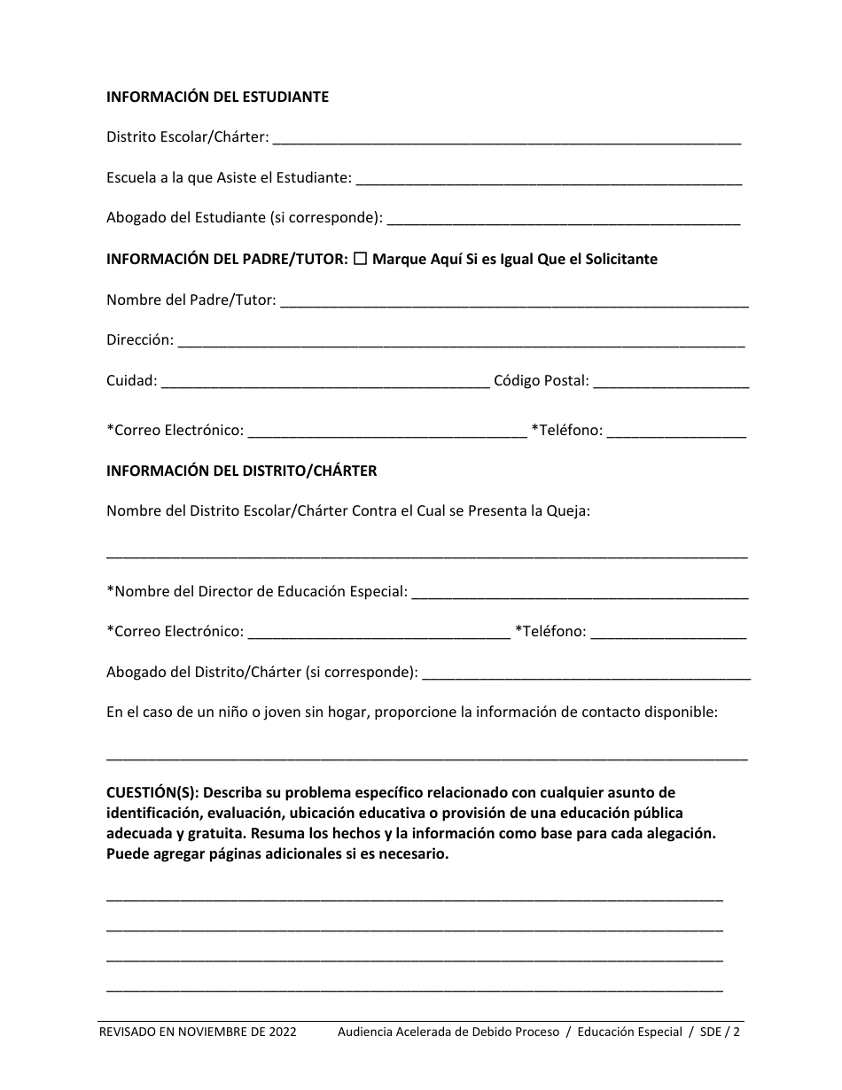 Formulario De Solicitud De Audiencia De Debido Proceso Acelerado - Educacion Especial - Idaho (Spanish), Page 2