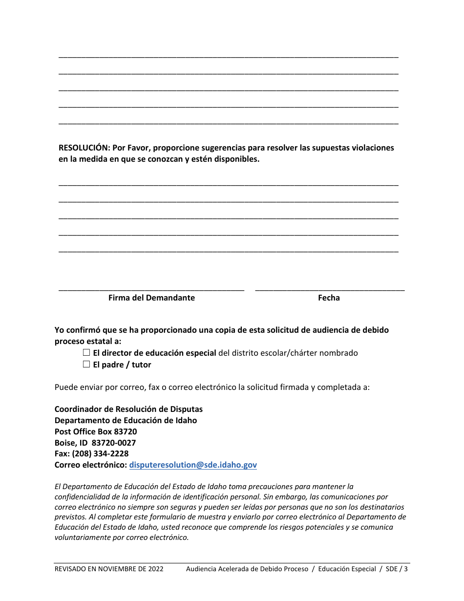 Formulario De Solicitud De Audiencia De Debido Proceso Acelerado - Educacion Especial - Idaho (Spanish), Page 3