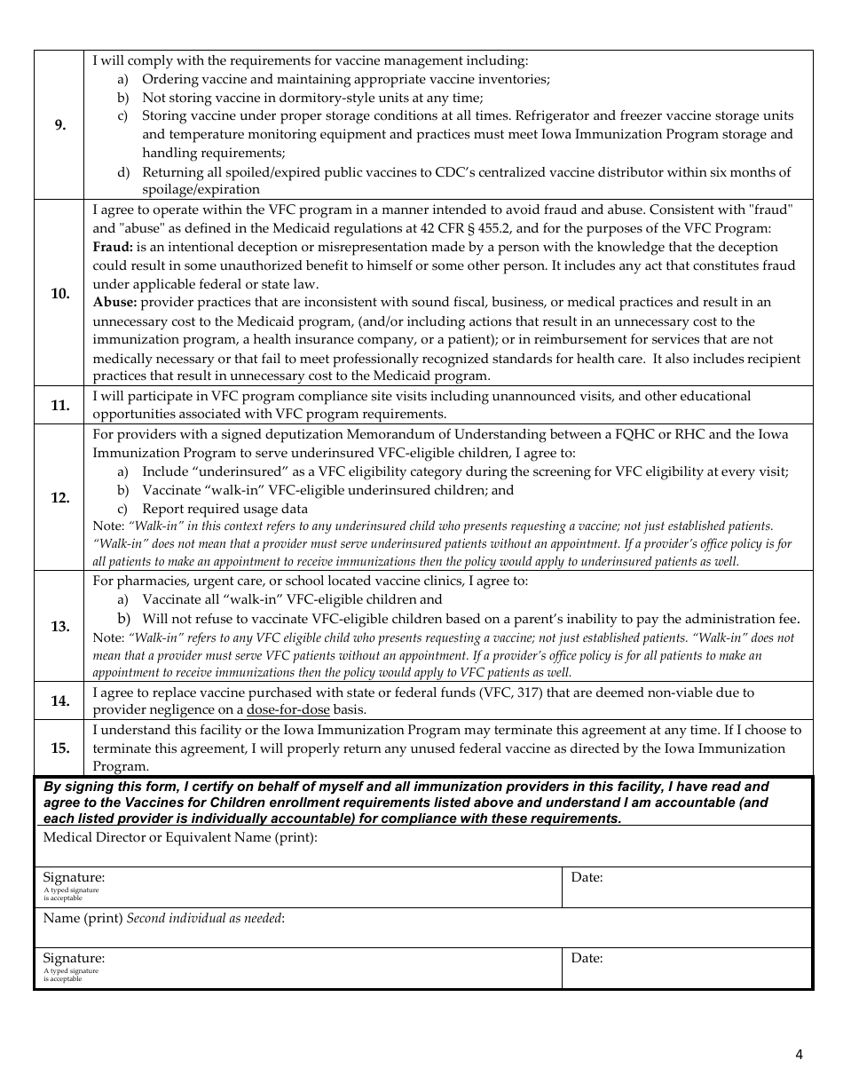Provider Enrollment Form - Vaccines for Children (Vfc) Program - Iowa, Page 4