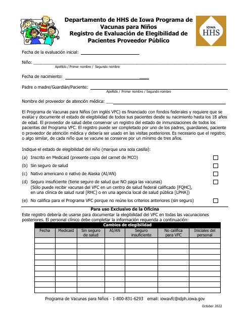 Registro De Evaluacion De Elegibilidad De Pacientes Proveedor Publico - Programa De Vacunas Para Ninos - Iowa (Spanish)