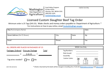 Document preview: Form AGR-7205 Licensed Custom Slaughter Beef Tag Order - Washington