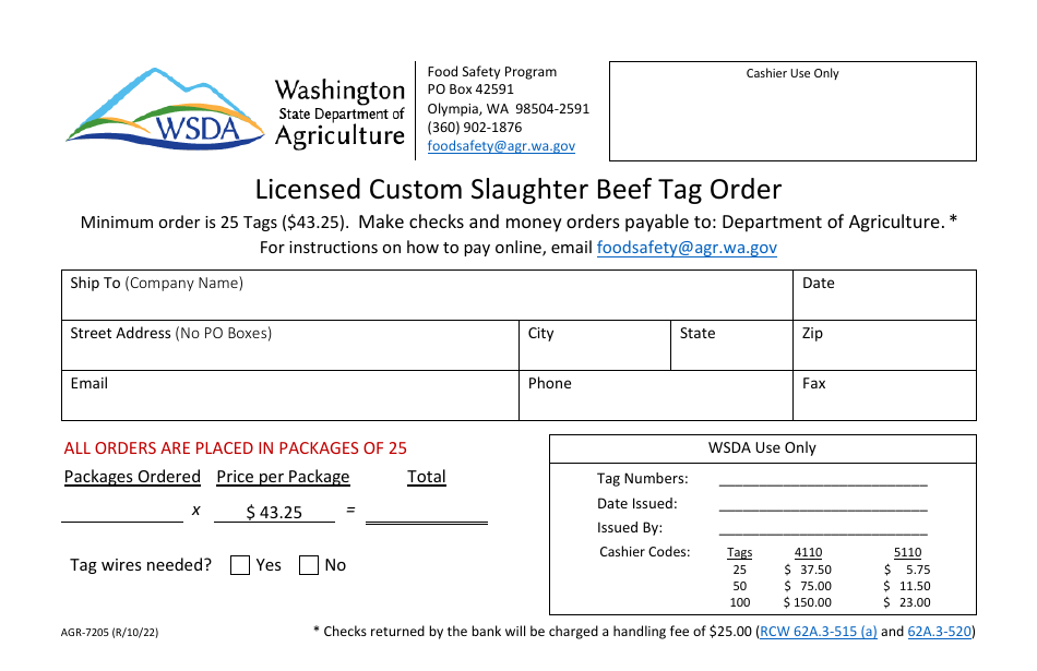 Form AGR-7205 Licensed Custom Slaughter Beef Tag Order - Washington, Page 1