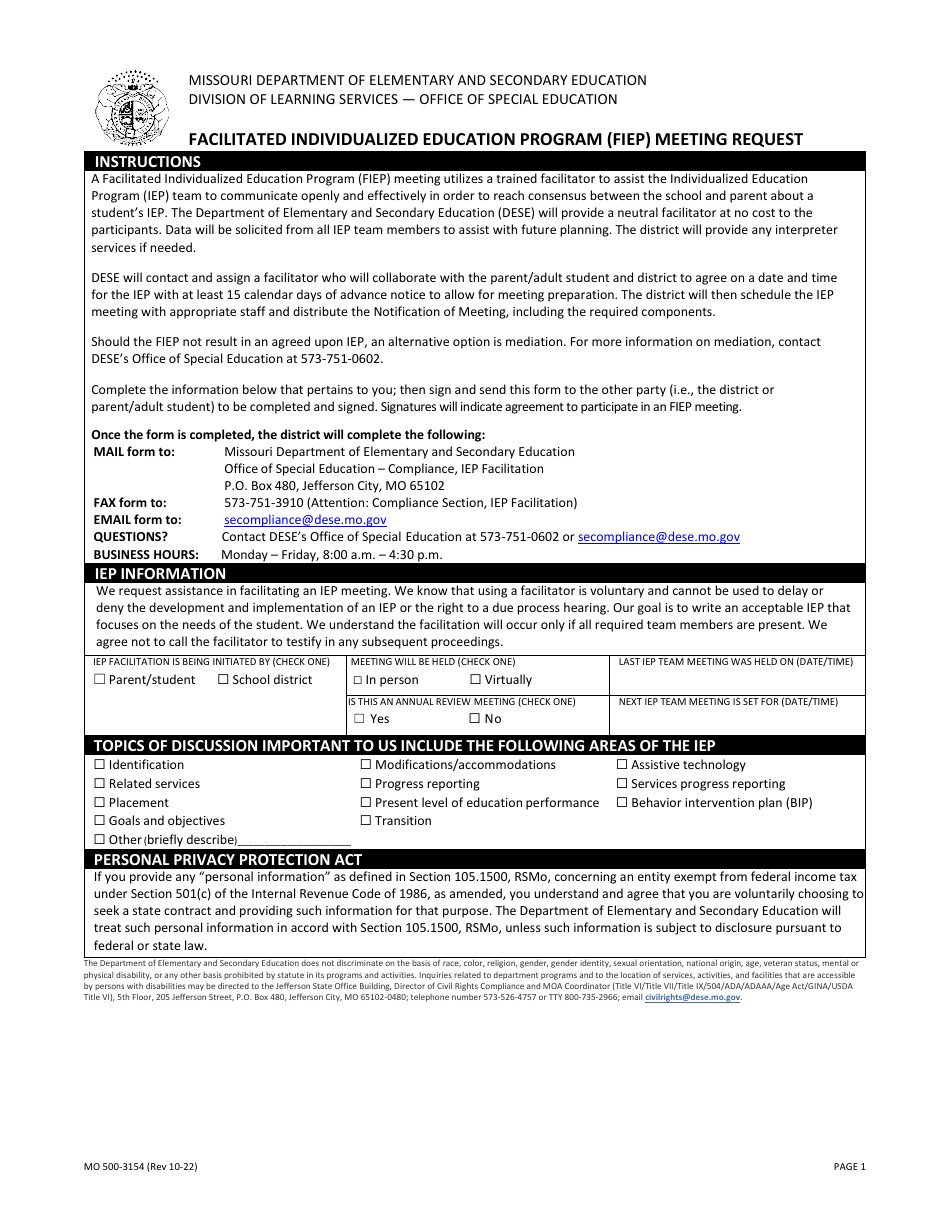 Form MO500-3154 Facilitated Individualized Education Program (Fiep) Meeting Request - Missouri, Page 1