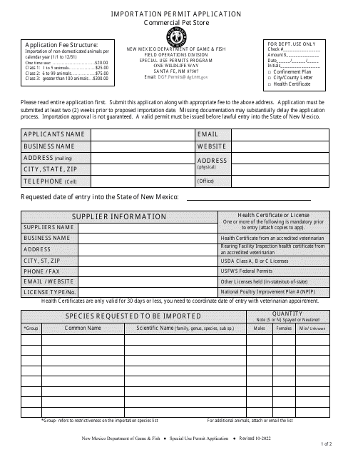 Importation Permit Application - Commercial Pet Store - New Mexico
