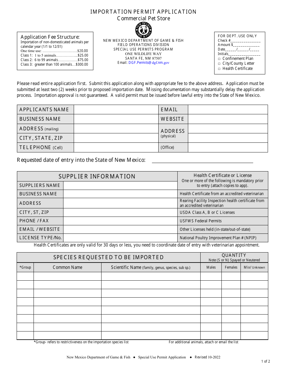 Importation Permit Application - Commercial Pet Store - New Mexico, Page 1