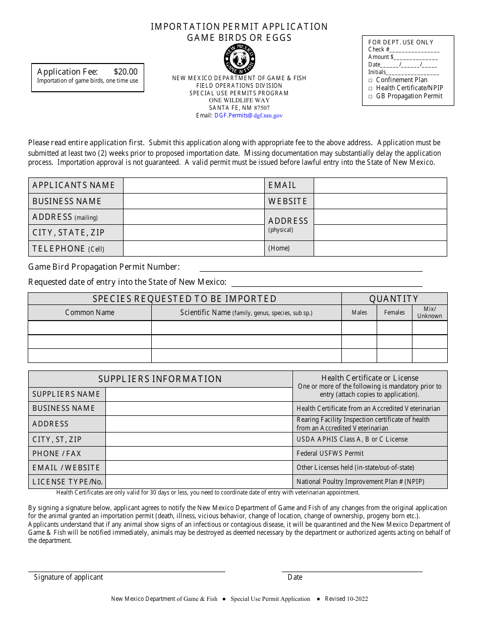 Importation Permit Application - Game Birds or Eggs - New Mexico, Page 1