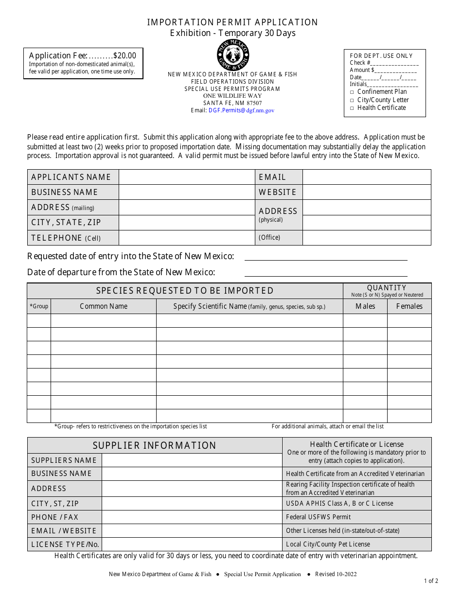 Importation Permit Application Exhibition - Temporary 30 Days - New Mexico, Page 1