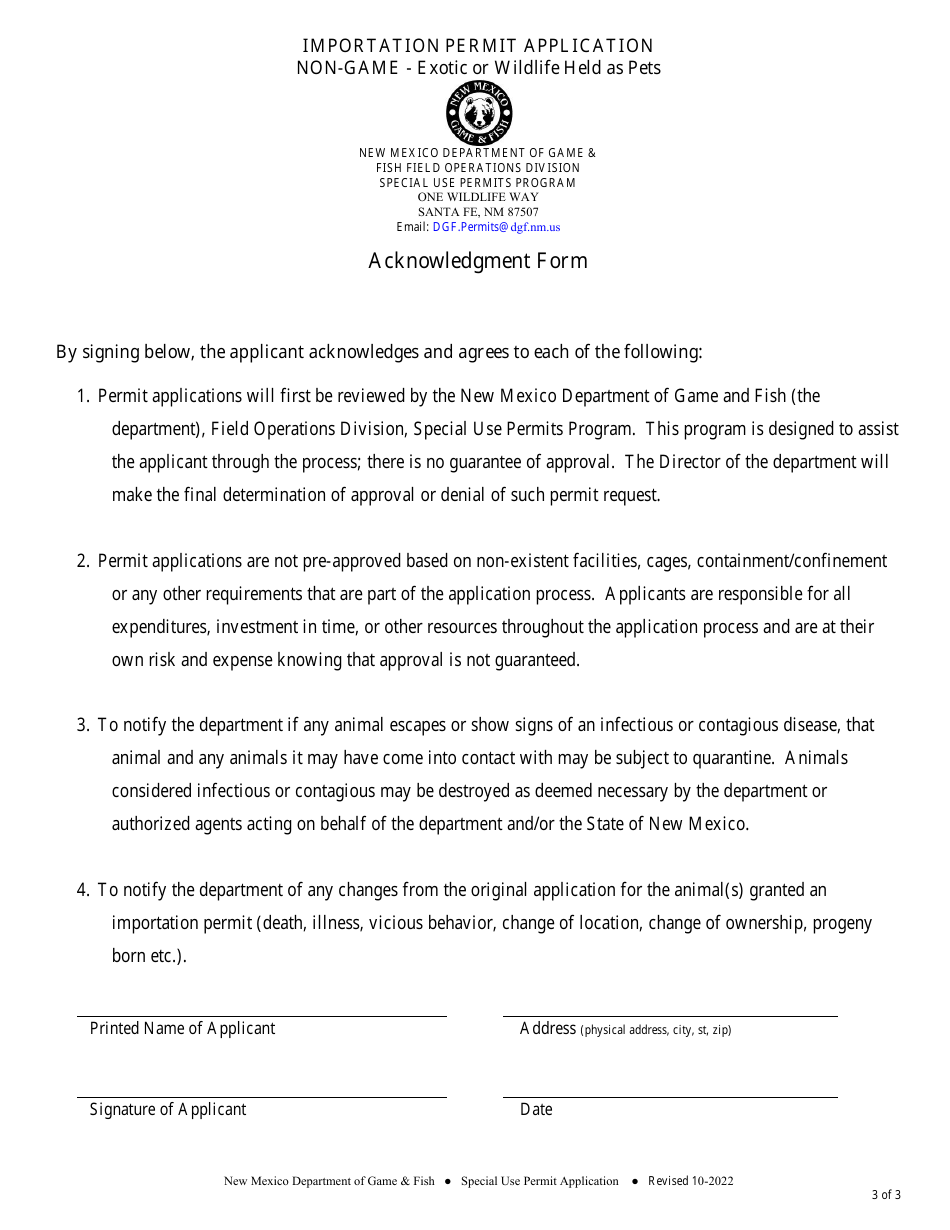 Importation Permit Application Non-game - Exotic or Wildlife Held as Pets - New Mexico, Page 3