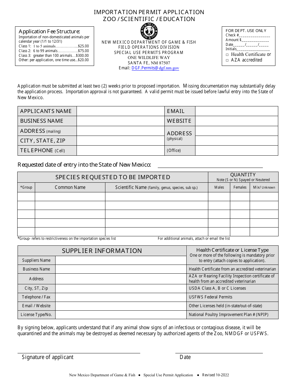 Importation Permit Application Zoo / Scientific / Education - New Mexico, Page 1