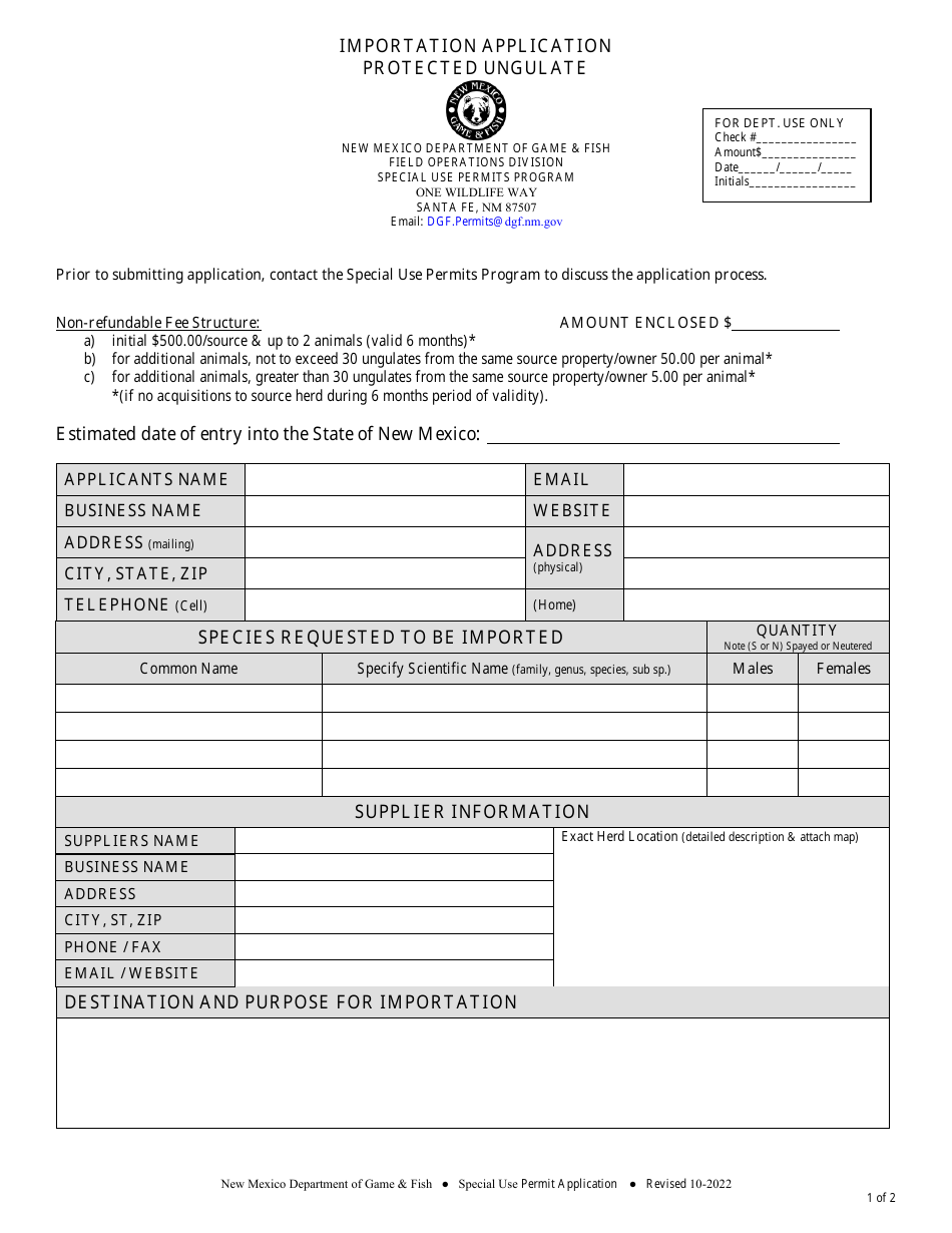 Importation Application Protected Ungulate - New Mexico, Page 1