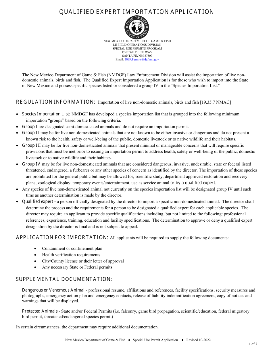Qualified Expert Importation Application - New Mexico, Page 1