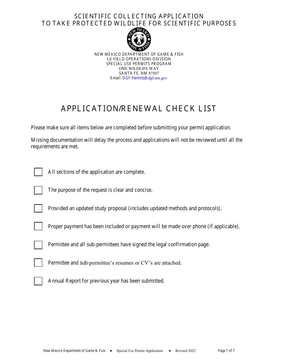 Scientific Collecting Application and Renewal to Take Protected Wildlife for Scientific Purposes - New Mexico, Page 7