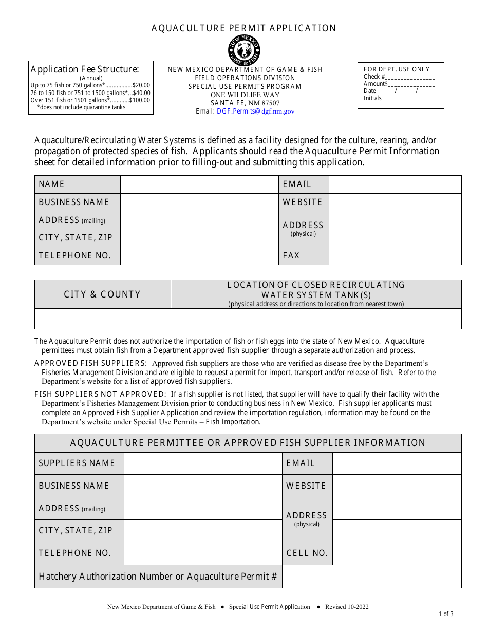 Aquaculture Permit Application - New Mexico, Page 1