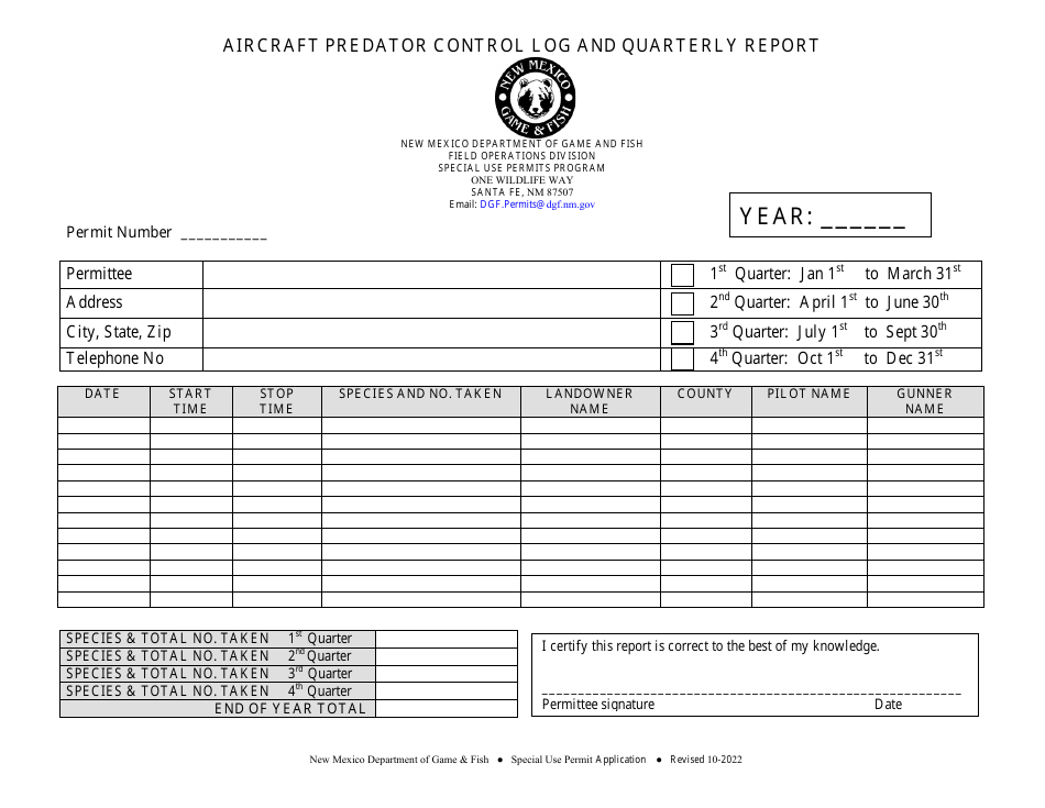 Aircraft Predator Control Log and Quarterly Report - New Mexico, Page 1