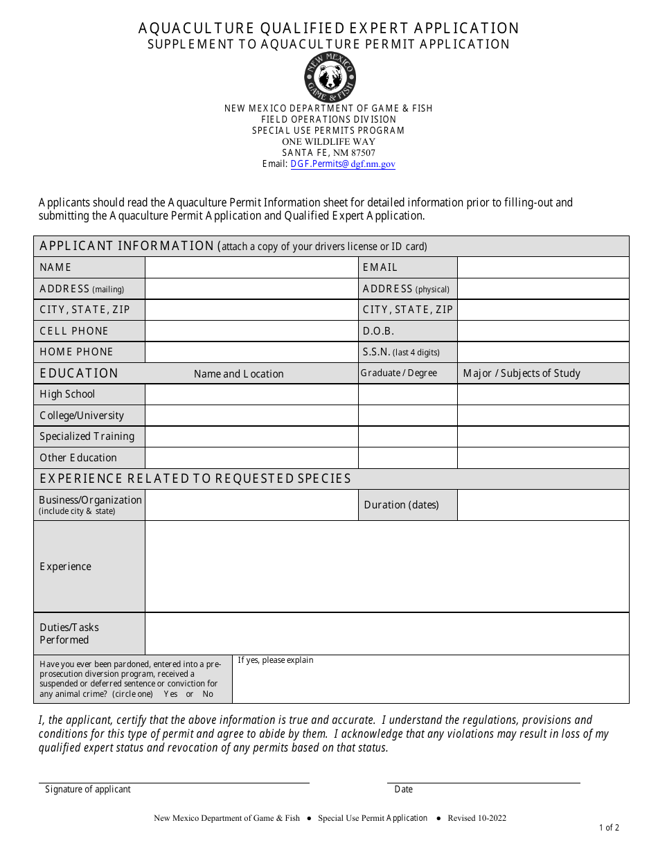 Aquaculture Qualified Expert Application - Supplement to Aquaculture Permit Application - New Mexico, Page 1