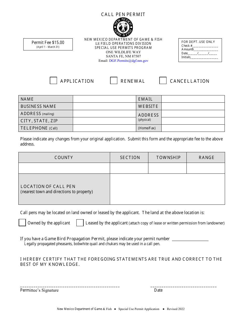 New Mexico Call Pen Permit - Fill Out, Sign Online and Download PDF ...