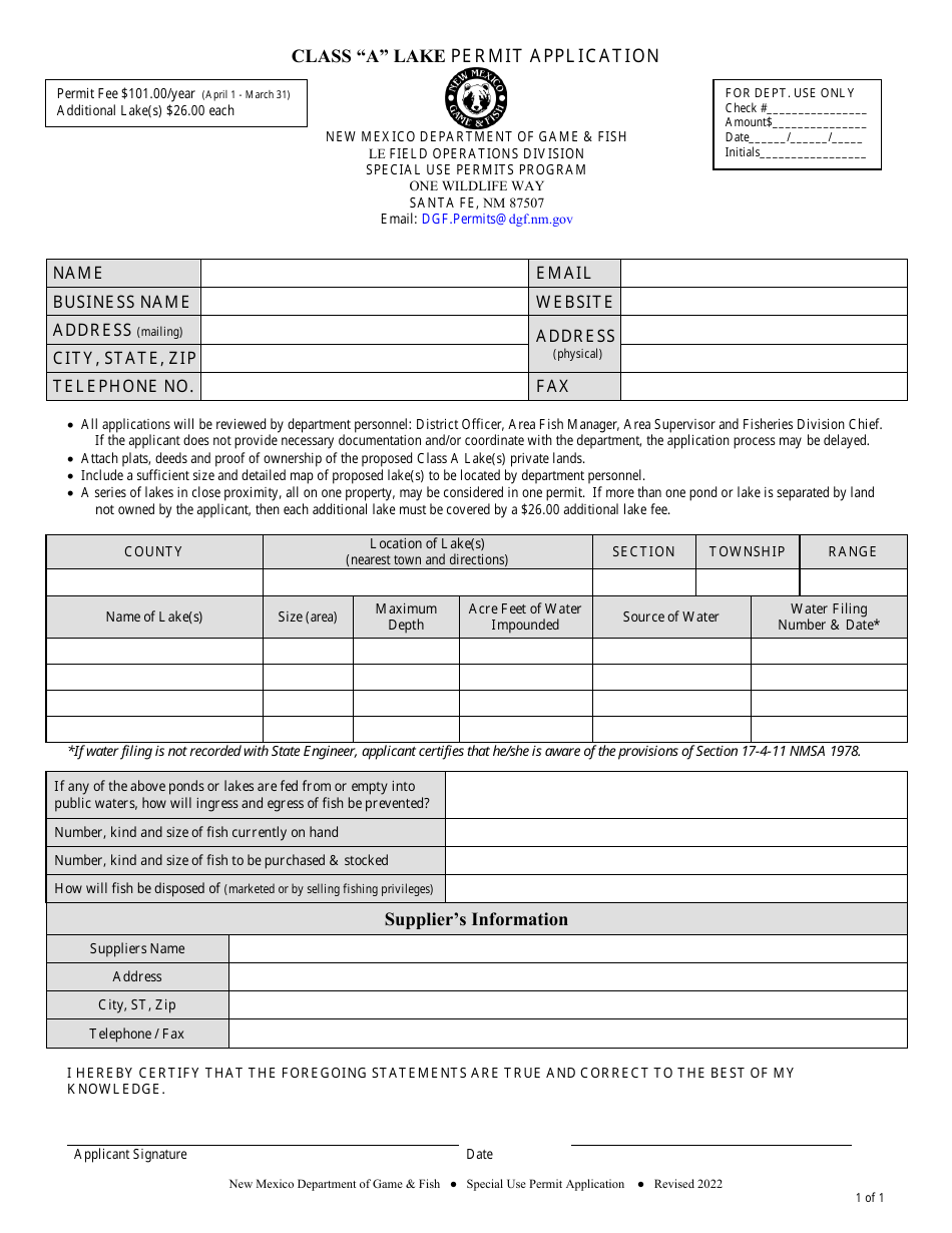 Class a Lake Permit Application - New Mexico, Page 1